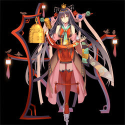  aqua_neckerchief bell bird black_background black_hair chinese_clothes chinese_commentary commentary_request female full_body hair_ornament hammer headpiece highres jewelry kai-ri-sei_million_arthur lantern long_hair looking_at_viewer million_arthur_(series) musyne_xsk neckerchief official_art photoshop_(medium) red_legwear simple_background standing tassel thighhighs very_long_hair wu_zetian_(kai-ri-sei_million_arthur) 