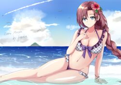  artist_name bare_legs bikini bird blue_eyes bracelet braid breasts character_name cleavage cloud cloudy_sky collarbone commentary_request day eiyuu_densetsu emma_millstein english_text female flower hair_flower hair_ornament hand_on_own_chest highres jewelry long_hair looking_at_viewer lying medium_breasts navel ocean on_side outdoors partially_submerged polka_dot polka_dot_bikini purple_hair saber-freedom sen_no_kiseki sky smile solo swimsuit 