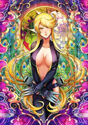  bare_hips between_fingers black_gloves blonde_hair blush bodysuit breasts center_opening cleavage coma2 commentary_request cowboy_shot dated dual_wielding female fingerless_gloves gloves highres holding holding_weapon innerboob kasuga_(sengoku_basara) kunai large_breasts long_hair md5_mismatch ninja outline peacock_feathers sengoku_basara sidelocks signature solo standing very_long_hair weapon yellow_eyes 