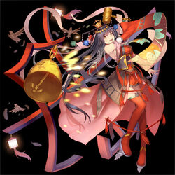  :d bell bird black_background black_hair breasts brown_eyes chains chinese_clothes chinese_commentary commentary_request detached_sleeves female flower full_body hair_ornament hammer highres jewelry kai-ri-sei_million_arthur long_hair medium_breasts million_arthur_(series) motion_blur musyne_xsk official_art open_mouth photoshop_(medium) platform_footwear red_legwear simple_background smile thighhighs very_long_hair wide_sleeves wu_zetian_(kai-ri-sei_million_arthur) 