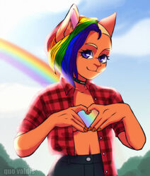  2019 anthro blue_eyes bottomwear canid canine canis checked choker clothed clothing collar digital_media_(artwork) domestic_cat ear_piercing felid feline felis female fur gesture hair hand_heart heart_symbol jewelry lgbt_pride looking_at_viewer mammal mia_dyke_(character) multicolored_hair necklace outside pants piercing plaid pride_color_hair pride_colors pride_heart quo_valdis rainbow rainbow_arch rainbow_hair rainbow_pride_colors shirt six-stripe_rainbow_pride_colors smile solo sparklefur topwear wolky 