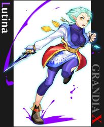  aeo_(aeo1174) blue_hair bodysuit breasts character_name cleavage commentary_request copyright_name female full_body grandia grandia_xtreme holding holding_knife holding_weapon jewelry knife leg_up lutina_(grandia) medium_breasts necklace pointy_ears short_hair solo titto_(grandia) weapon yellow_eyes 