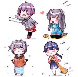  4girls =_= beans black_gloves black_hair black_thighhighs blue_hair blue_hakama blush broom chibi closed_eyes commentary_request gloves hair_ornament hair_ribbon hakama hakama_skirt headgear heart houshou_(kancolle) i-47_(kancolle) jacket japanese_clothes jingei_(kancolle) kantai_collection long_hair long_sleeves mamemaki masu multiple_girls musical_note open_mouth pantyhose pleated_skirt poipoi_purin ponytail purple_hair red_skirt ribbon sakawa_(kancolle) setsubun short_hair simple_background skirt smile sweeping thighhighs white_background white_legwear wide_sleeves 