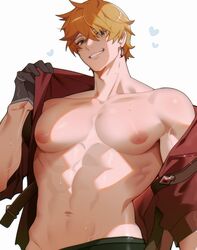  1boy abs black_gloves blonde_hair chariko earrings genshin_impact gloves heart heart_background jacket jewelry male_focus muscular muscular_male navel nipples open_clothes pectorals puffy_nipples red_jacket smile solo sweatdrop tartaglia_(genshin_impact) white_background 