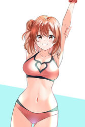  :d absurdres armpits ass_visible_through_thighs bare_arms bare_shoulders bikini blush breasts brown_eyes brown_hair cleavage cleavage_cutout clothing_cutout collarbone commentary_request cowboy_shot dutch_angle female grin hair_bun heart_cutout highres large_breasts looking_at_viewer navel nonbire open_mouth pink_bikini short_hair single_hair_bun single_side_bun smile solo stomach stretching swimsuit teeth two-tone_background yahari_ore_no_seishun_lovecome_wa_machigatteiru. yuigahama_yui 