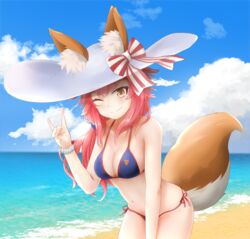  animal_ear_fluff animal_ears bikini blue_bikini blue_sky blush breasts cleavage cloud cloudy_sky collarbone day ears_through_headwear fate/extella fate/extra fate/grand_order fate_(series) female fox_ears fox_girl fox_shadow_puppet fox_tail halterneck hat kawasina large_breasts looking_at_viewer navel ocean one_eye_closed outdoors painttool_sai_(medium) pink_hair side-tie_bikini_bottom sky solo string_bikini sun_hat swimsuit tail tamamo_(fate) tamamo_no_mae_(swimsuit_lancer)_(fate) tamamo_no_mae_(swimsuit_lancer)_(third_ascension)_(fate) yellow_eyes 