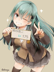  akino_shuu blouse blush brown_background brown_cardigan brown_skirt brown_sweater brown_thighhighs buttons cardigan character_name female gameplay_mechanics green_eyes green_hair grin hair_between_eyes jewelry kantai_collection long_hair long_sleeves one_eye_closed pleated_skirt ring shirt simple_background skirt smile solo suzuya_(kancolle) suzuya_kai_ni_(kancolle) sweater thighhighs twitter_username v wedding_ring white_shirt 