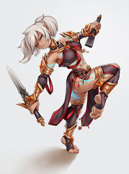  absurdres armor ass blam body_markings breasts closed_eyes dancer dark-skinned_female dark_elf dark_skin elf female fighting_stance gem gladiator glowing_gem glowing_markings gold_armor highres holding holding_sword holding_weapon leaning_back lettanya loincloth midriff orange_gemstone original outside_border pirouette pointy_ears red_ribbon ribbon scabbard scar sheath signature soles solo standing standing_on_one_leg sword tan toes weapon white_background white_hair 