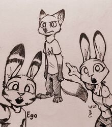  2022 absurd_res anthro breasts buckteeth canid canine cleavage clothed clothing disney female fox fully_clothed gesture group hand_gesture hi_res inktober_2022 jack_savage judy_hopps lagomorph leporid looking_at_viewer male mammal meme monochrome nick_wilde open_mouth pointing pointing_at_another pointing_guy_meme rabbit red_fox shirt t-shirt teeth theblueberrycarrots topwear traditional_media_(artwork) trio true_fox two_soyjaks_pointing zootopia 