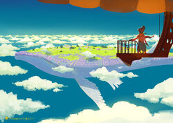  1other aircraft airship blue_whale cloud cloudy_sky creature fantasy flying flying_whale grass katou_oswaldo moss original outdoors sky tree whale 