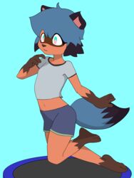  3:4 absurd_res anthro black_hair black_tail blue_clothing blue_eyes blue_hair blue_tail brand_new_animal brown_body brown_fur brown_nose canid canine clothing female fur gloves_(marking) green_clothing grey_clothing hair hi_res hikaridraws jumping mammal markings michiru_kagemori multicolored_eyes pink_eyes raccoon_dog smile solo studio_trigger tail tanuki trampoline yellow_eyes 