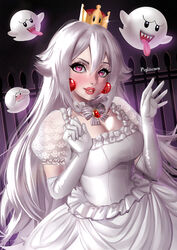  blush boo_(mario) breasts choker cleavage collar collar_jewel commentary dress earrings elbow_gloves english_commentary female frilled_collar frilled_dress frills ghost glint gloves hair_between_eyes halloween hands_up highres jewelry lace lace_trim lips long_hair luigi&#039;s_mansion mario_(series) new_super_mario_bros._u_deluxe open_mouth pale_skin parted_lips pendant_collar pink_eyes pink_lips princess princess_king_boo sharp_teeth short_sleeves signature simple_background sphere_earrings super_crown teeth tongue tongue_out turn_pale upper_teeth_only white_dress white_gloves white_hair yanting_sun 