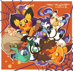  2021 :d alcremie alternate_color border catsbell chandelure clothed_pokemon commentary_request dreepy halloween happy happy_halloween hat highres no_humans open_mouth pichu pikachu pokemon pokemon_(creature) pumpkaboo shiny_pokemon silk smile spider_web teeth tongue upper_teeth_only white_border witch_hat 