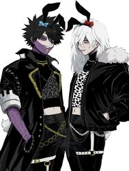  2boys ametaro_(ixxxzu) animal_ears animal_print black_coat black_jacket black_pants blue_bow boku_no_hero_academia bow burn_scar chains cheek_piercing coat dabi_(boku_no_hero_academia) ear_piercing fake_animal_ears fake_tail fur-trimmed_jacket fur_trim hands_in_pockets highres jacket jewelry long_hair male_focus multiple_boys multiple_piercings multiple_scars nose_piercing pants piercing rabbit_ears rabbit_tail red_bow red_eyes scar scar_on_arm scar_on_face scar_on_mouth scar_on_neck shigaraki_tomura short_hair simple_background spiked_hair standing staple stapled stitches tail turtleneck white_background white_hair wrinkled_skin 