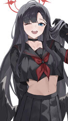  absurdres black_choker black_hair black_sailor_collar black_serafuku black_skirt black_wings blue_archive blue_eyes blush choker collarbone commentary_request feathered_wings female halo higashiwun_izumi highres ichika_(blue_archive) long_hair long_sleeves looking_at_viewer low_wings navel neckerchief one_eye_closed open_mouth partial_commentary pleated_skirt red_halo red_neckerchief sailor_collar school_uniform serafuku skirt solo teeth unusually_open_eyes upper_teeth_only wings 