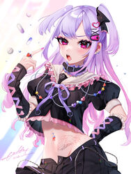  &gt;_o absurdres angry animal_collar bead_necklace beads blush chain_belt charm_(object) collar crop_top cross-laced_clothes cross-laced_gloves dress earrings elbow_gloves female frilled_collar frilled_gloves frills gloves gradient_hair hair_ornament hair_ribbon hairclip hakurokku hand_on_own_hip highres jewelry long_hair looking_at_viewer miniskirt multicolored_hair multiple_earrings narrowed_eyes navel navel_piercing neck_ribbon necklace o-ring one_eye_closed open_clothes open_skirt original piercing pill pink_eyes pink_hair pleated_skirt pointing pointing_at_self puffy_short_sleeves puffy_sleeves purple_dress ribbon ring sailor_collar short_sleeves short_twintails signature skirt solo stomach_tattoo tattoo twintails two-tone_hair v-shaped_eyebrows wavy_eyes wing_tattoo 