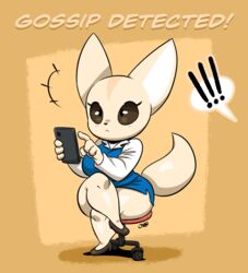  2021 4_fingers aggretsuko anthro arms_bent bent_legs bottomwear breasts canid canine cellphone clothed clothing crossbar_emanata crossed_legs digital_media_(artwork) electronics emanata exclamation_point female fennec_fox fenneko fingers fox furgonomics hi_res holding_cellphone holding_object holding_phone humor joaoppereiraus leg_over_edge leg_over_knee mammal over_edge pencil_skirt phone sanrio short_stack signature sitting skirt solo tail tail_through_skirt thick_thighs true_fox 