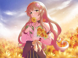  arthur_ko black_skirt blush brown_hair closed_mouth commission female field flower flower_field helena_(kancolle) holding holding_flower juliet_sleeves kantai_collection long_hair long_sleeves military military_uniform neck_ribbon outdoors petals pixiv_commission puffy_sleeves ribbon skirt smile solo twitter_username uniform yellow_eyes yellow_flower yellow_ribbon 