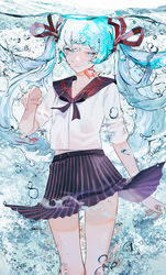  absurdres aqua_eyes black_sailor_collar black_skirt blue_hair bottle_miku bubble collared_shirt commentary cowboy_shot female fish floating_hair furrowed_brow goldfish hair_ribbon hatsune_miku highres liquid_hair long_hair miniskirt parai0 partially_underwater_shot pleated_skirt ribbon sailor_collar school_uniform serafuku shirt short_sleeves skirt solo standing striped striped_ribbon submerged twintails very_long_hair vocaloid water white_shirt 