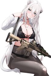  absurdres animal_ear_piercing animal_ears black_bra black_choker black_gloves black_panties blush bra breasts choker cleavage closed_mouth dog_tags female gloves grey_eyes gun gun_sling hair_between_eyes highres hololive large_breasts lion_ears lion_girl lion_tail long_hair looking_at_viewer open_clothes open_shirt panties panties_under_pantyhose pantyhose shirt shishiro_botan shishiro_botan_(button-down) simple_background sitting solo tail torn_clothes torn_pantyhose underwear virtual_youtuber wanne watch weapon white_background white_hair white_shirt wristwatch 