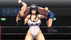  1boy ass_visible_through_thighs black_hair breasts carrying carrying_person commentary_request covered_nipples cowboy_shot female femdom fireman&#039;s_carry hairband large_breasts leotard long_hair makiya mixed-sex_combat muscular muscular_female original reverse_ryona sadism straight strong white_leotard 