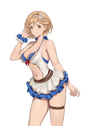  bikini bikini_top_only blonde_hair blue_bikini breasts brown_eyes cleavage closed_mouth clothing_cutout commission djeeta_(granblue_fantasy) djeeta_(summer)_(granblue_fantasy) english_commentary female flower granblue_fantasy hair_flower hair_ornament hairband halterneck hand_up hibiscus highres jonbur_man layered_skirt layered_swimsuit looking_at_viewer medium_breasts navel o-ring o-ring_bikini official_alternate_costume pixiv_commission scrunchie short_hair skirt smile solo stomach_cutout swimsuit thigh_strap white_background white_hairband wrist_scrunchie 