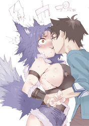  1boy animal_ear_fluff animal_ears armband belt belt_buckle blue_hair blurry blush breasts brown_eyes buckle candy chocolate collar commentary cutoffs denim denim_shorts embarrassed female food food_in_mouth heart heart-shaped_chocolate highres karochii kissing latex makoto_(princess_connect!) metal_collar mouth_hold princess_connect! purple_hair shared_food shiny shirt short_shorts shorts sideboob stiff_tail straight surprised sweat tail translated wavy_mouth wolf_ears wolf_girl wolf_tail yuuki_(princess_connect!) 