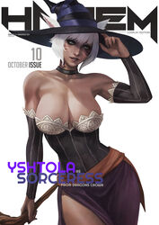  absurdres animal_ears archon_mark bare_shoulders breasts cat_ears character_name cleavage collarbone cosplay cover dark-skinned_female dark_skin detached_sleeves dragon&#039;s_crown dress facial_mark fake_magazine_cover female final_fantasy final_fantasy_xiv grey_eyes hat highres large_breasts magazine_cover miqo&#039;te monori_rogue neck_tattoo side_slit solo sorceress_(dragon&#039;s_crown) sorceress_(dragon&#039;s_crown)_(cosplay) staff strapless strapless_dress tattoo whisker_markings white_hair witch_hat y&#039;shtola_rhul 