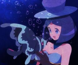  :d air_bubble bare_shoulders battle_chatelaine blue_eyes blue_hair blush_stickers bob_cut breasts bubble cleavage collarbone commentary_request evelyn_(pokemon) eyelashes female gloves hat lumineon open_mouth parted_bangs pokemon pokemon_(creature) pokemon_xy short_hair smile strapless top_hat underwater yajuuraku 