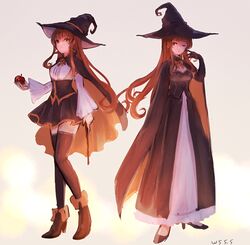  2girls alternate_costume apple black_cape black_cloak black_gloves black_headwear black_legwear brown_eyes brown_hair cape cloak dual_persona elbow_gloves food fruit full_body gloves hat helena_(kancolle) highres holding holding_food holding_fruit holding_wand kantai_collection long_hair multicolored_cape multicolored_cloak multicolored_clothes multiple_girls one_eye_closed orange_cape orange_cloak standing thighhighs two-sided_cloak two-sided_fabric wand witch_hat wss_(nicoseiga19993411) 