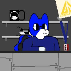  1:1 anthro black_mesa blue_body blue_clothing blue_fur blue_shirt blue_topwear canid canine canis clothing dr_nick_t_coil(drnicktcoil) drnicktcoil eyewear fan_character fur glasses half-life hi_res male mammal portal_(series) scp_foundation shirt solo store topwear valve wolf 