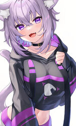  animal_ears ayame_(3103942) breasts cat_ears cat_girl cat_tail female highres hololive hood hoodie midriff navel nekomata_okayu nekomata_okayu_(1st_costume) oerba_yun_fang onigiri_print purple_eyes purple_hair sleeves_past_wrists solo tail virtual_youtuber white_background 