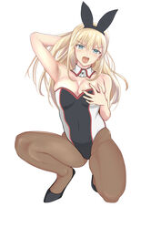  absurdres animal_ears baji_toufuu_(bajitohfu) bismarck_(kancolle) black_footwear black_pantyhose blonde_hair blue_eyes breasts character_name cleavage commentary_request detached_collar female full_body grabbing_own_breast green_eyes highres kantai_collection leotard looking_at_viewer medium_breasts open_mouth pantyhose playboy_bunny rabbit_ears rabbit_tail simple_background solo squatting strapless strapless_leotard tail teeth two-tone_leotard upper_teeth_only white_background wrist_cuffs 