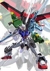  clip_studio_paint_(medium) dynamic_pose glowing glowing_eyes gun gundam gundam_seed highres holding holding_gun holding_sword holding_weapon i.takashi mecha mechanical_wings no_humans perfect_strike_gundam robot science_fiction solo strike_gundam sword v-fin weapon wings yellow_eyes zoom_layer 