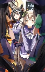  4girls animal_ears bag black_gloves black_hair black_thighhighs blurry blurry_foreground blush bow bracelet braid brown_eyes brown_hair character_request closed_mouth commentary crown_braid ear_ornament feet_out_of_frame gloves hair_between_eyes hair_ornament halloween hat highres horse_ears horse_girl horse_tail indoors jack-o&#039;-lantern jewelry kitasan_black_(umamusume) long_hair long_sleeves looking_at_viewer multiple_girls open_mouth pentagon_(railgun_ky1206) pleated_skirt puffy_short_sleeves puffy_sleeves purple_sailor_collar purple_skirt red_bracelet red_eyes sailor_collar satono_diamond_(umamusume) school_uniform short_sleeves shoulder_bag sign skirt smile standing tail tareme thighhighs tracen_school_uniform umamusume very_long_hair white_bow 