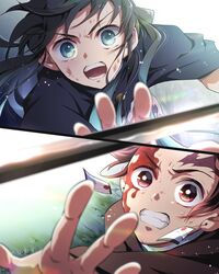  2boys aqua_eyes aqua_hair black_hair blood blood_on_face blurry catching clenched_teeth day demon_slayer_uniform depth_of_field earrings hana_ni_nare hanafuda_earrings highres injury jewelry kamado_tanjirou katana kimetsu_no_yaiba light_particles long_hair long_sleeves male_focus multicolored_hair multiple_boys open_mouth outstretched_arm outstretched_arms reaching reaching_towards_viewer red_eyes red_hair scar scar_on_face scar_on_forehead short_hair signature split_screen spoilers streaked_hair sunlight sword teeth tokitou_muichirou tossing weapon 