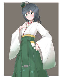  abataa absurdres ahoge black_hair border cowboy_shot female green_eyes green_hakama grey_background hakama hakama_skirt hand_on_own_chest hat highres japanese_clothes kantai_collection kimono matsukaze_(kancolle) meiji_schoolgirl_uniform mini_hat mini_top_hat short_hair skirt solo swept_bangs top_hat two-tone_background wavy_hair white_border white_kimono 