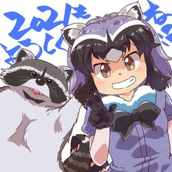  1:1 2021 animal_humanoid arai-san black_eyes breasts clothed clothing duo female feral fur grey_body grey_fur hair humanoid humanoid_hands japanese_text kemono kemono_friends mammal mammal_humanoid procyonid procyonid_humanoid raccoon raccoon_humanoid simple_background text umikazenet3 white_background 