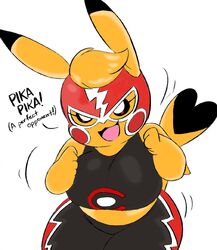  2020 anthro anthrofied big_breasts breasts cleft_tail clothed clothing colored cosplay_pikachu_(character) cosplay_pikachu_(costume) dialogue dipstick_ears dipstick_tail ear_markings english_text female generation_1_pokemon heart_tail hi_res joaoppereiraus kanna_(joaoppereiraus) looking_at_viewer mammal markings midriff multicolored_ears multicolored_tail nintendo open_mouth pikachu pikachu_libre pokemon pokemon_(species) pokemon_speak pokemorph rodent short_stack simple_background solo tail tail_markings text thick_thighs white_background wide_hipped_female wide_hips 