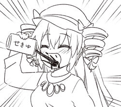  can closed_eyes dress drill_hair drinking emphasis_lines female hair_ribbon happy hat jeno jewelry keffiyeh mob_cap monochrome oil open_mouth pendant ribbon short_hair solo sunken_fossil_world touhou translated twin_drills yorigami_jo&#039;on 