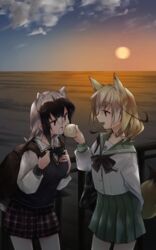  2girls alternate_costume animal_ears backpack bag black_bow black_bowtie blonde_hair blue_vest bow bowtie commentary_request common_raccoon_(kemono_friends) cowboy_shot extra_ears feeding fennec_(kemono_friends) food fox_ears fox_girl fox_tail green_skirt grey_hair highres japari_bun kemono_friends long_sleeves multicolored_hair multiple_girls nanana_(nanana_iz) open_mouth outdoors plaid plaid_skirt pleated_skirt raccoon_ears raccoon_girl raccoon_tail red_skirt sailor_collar school_bag school_uniform serafuku shirt short_hair skirt tail two-tone_hair vest white_hair white_shirt 