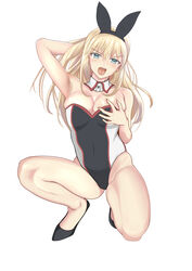  absurdres animal_ears baji_toufuu_(bajitohfu) bare_legs bismarck_(kancolle) black_footwear blonde_hair blue_eyes breasts character_name cleavage commentary_request detached_collar female full_body grabbing_own_breast green_eyes highres kantai_collection leotard looking_at_viewer medium_breasts open_mouth playboy_bunny rabbit_ears rabbit_tail simple_background solo squatting strapless strapless_leotard tail teeth two-tone_leotard upper_teeth_only white_background wrist_cuffs 