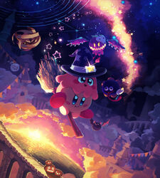  absurdres babut bandages bridge broom broom_riding candy castle chuchu_(kirby) cloud cloudy_sky cosplay cosplay_request doomer_(kirby) flag flying food gooey_(kirby) halloween happy hat hataraku_ufo highres invincible_candy jack-o&#039;-lantern jobski kirby kirby_(series) lollipop meta_knight monster mopoo_(kirby) mumbies_(kirby) mumbies_(kirby)_(cosplay) night night_sky open_mouth outdoors pumpkin scarfy scenery sky smile squashini star_(sky) star_(symbol) starry_sky sunset suyasuyabi tongue tongue_out void_termina void_termina_(cosplay) witch_hat zero_(kirby) zero_(kirby)_(cosplay) 