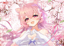  akazaki_kokoro apple_caramel blurry blurry_background branch character_name commentary_request cone_hair_bun depth_of_field double_bun dress earrings fake_video female flower gloves hair_bun hands_up head_tilt heart heart_hands idoly_pride jewelry long_hair looking_at_viewer off-shoulder_dress off_shoulder pink_hair red_eyes solo upper_body wet white_dress white_flower white_gloves 