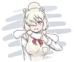  acesrulez alpaca_ears alpaca_girl alpaca_suri_(kemono_friends) animal_ears blue_eyes blush breast_pocket commentary_request female finger_to_cheek fur_collar fur_trim hair_bun hair_over_one_eye hair_tubes kemono_friends long_sleeves neck_ribbon pocket red_ribbon ribbon short_hair single_hair_bun smile solo sweater vest white_fur white_hair white_sweater 