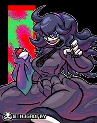  breasts female hairband hex_maniac_(pokemon) highres holding holding_poke_ball long_sleeves looking_at_viewer messy_hair nail_polish open_mouth outline poke_ball poke_ball_(basic) pokemon pokemon_xy purple_eyes purple_hair smile solo th3gadfly twitter_username 