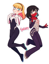  2girls animification bad_id bad_pixiv_id batrobin_k black_hair blonde_hair blue_hair blush bodysuit breasts bright_pupils brown_eyes cindy_moon closed_mouth diamond-shaped_pupils diamond_(shape) gwen_stacy hairband highres long_hair looking_at_viewer marvel medium_breasts multicolored_hair multiple_girls pink_hair silk_(marvel) smile spider-gwen spider-man_(series) symbol-shaped_pupils white_pupils 