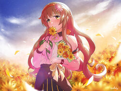  arthur_ko black_skirt blush brown_hair closed_mouth commission female field flower flower_field helena_(kancolle) holding holding_flower juliet_sleeves kantai_collection long_hair long_sleeves military military_uniform neck_ribbon outdoors petals pixiv_commission puffy_sleeves ribbon skirt smile solo twitter_username uniform yellow_eyes yellow_flower yellow_ribbon 