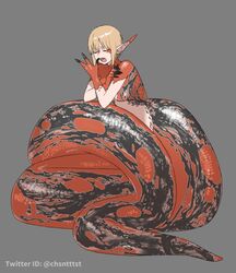  arm_rest black_nails blonde_hair body_markings closed_eyes coiled female fingernails full_body grey_background hand_on_own_shoulder highres kizuta_(barometz) lamia long_pointy_ears monster_girl open_mouth original pointy_ears red_scales scales sharp_fingernails short_hair sidelocks simple_background solo twitter_username yawning 