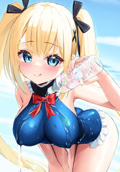  :q alternate_breast_size ass azur_lane bare_shoulders beach bent_over black_ribbon blonde_hair blue_eyes blush bottle bow bowtie breasts butt_crack casual_one-piece_swimsuit commentary covered_nipples cowboy_shot dead_or_alive dead_or_alive_xtreme female hair_between_eyes hair_ornament hair_ribbon highres humo long_hair looking_at_viewer marie_rose marie_rose_(devilish_servant_against_the_splashing_waves) medium_breasts ocean one-piece_swimsuit outdoors red_bow red_bowtie ribbon skin_tight smile solo spilling swimsuit teasing thighs tongue tongue_out twintails very_long_hair water_bottle x_hair_ornament 